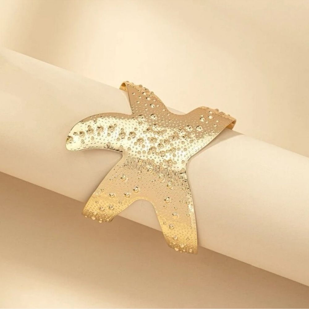 Bohemian Gold Overlay Starfish Cuff Statement Hammer Detail Bangle